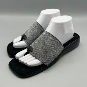 Charleston Shoe Co Silver Metallic Elastic Wedge Thong Sandals Womens Black